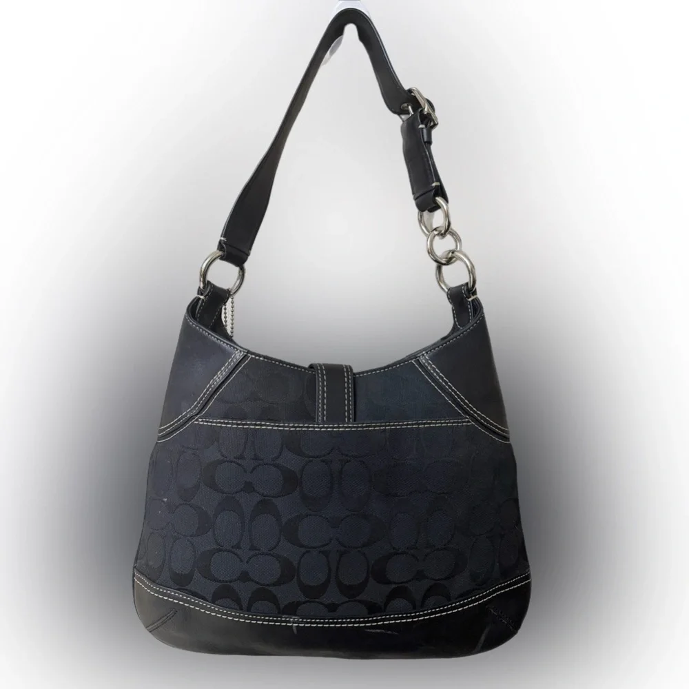 Coach Signature Black Leather Fabric Shoulder Hobo Bag #10242